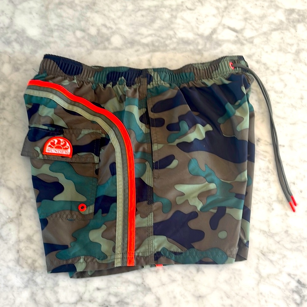 Camo & Hot orange 5” inseam baiting suit